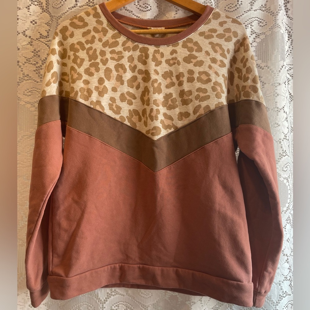 Hem & Thread Leopard and Dusty Rose Colorblock Pullover Sweatshirt